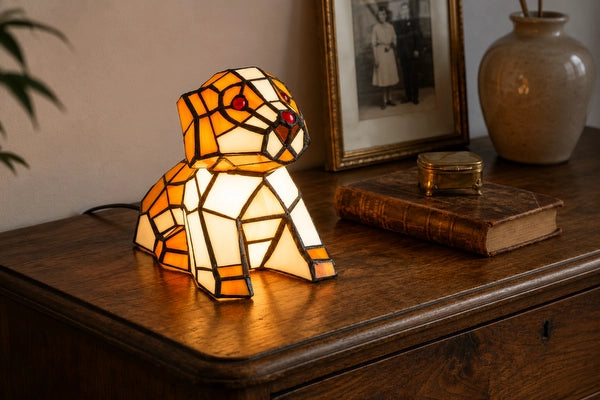 Tiffany hondenlamp 7053 in oranje en crème op een vintage houten kast met boek en fotolijst | RORUVERA