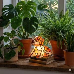 Tiffany hondenlamp – Liggend Hondje in Oranje & Crèmekleuren – H 16,5 cm (Art. 7053)