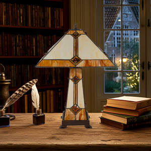 Tiffany tafellamp met verlichte voet – Art Deco geometrie – H 58 cm x B 41 cm (Art. 7604)