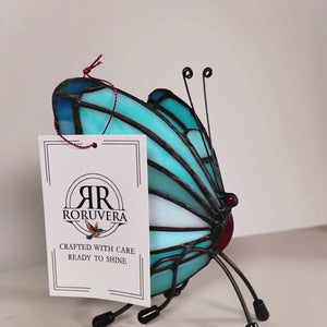 Tiffany vlinder waxinelichthouder – Turquoise & Diepblauw – H 14 cm (Art. 8016)