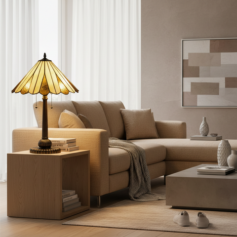 Tiffany tafellamp – Crème & Amber Symmetrisch – Ø 39,5 × H 59 cm (Art. 7052)