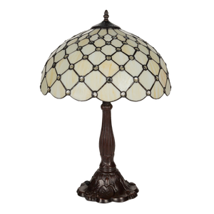 Tiffany tafellamp – Ruitpatroon & Glasjuweeltjes – Ø 40 × H 57 cm (Art. 7051)