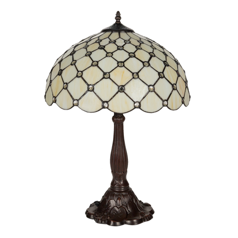 Tiffany tafellamp – Ruitpatroon & Glasjuweeltjes – Ø 40 × H 57 cm (Art. 7051)