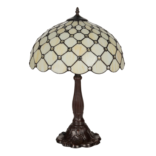 Tiffany tafellamp – Ruitpatroon & Glasjuweeltjes – Ø 40 × H 57 cm (Art. 7051)