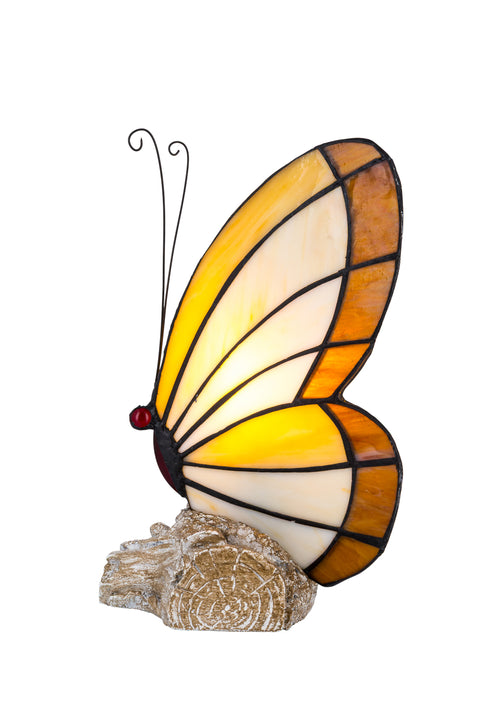 Tiffany vlinderlamp – Vlinder op Boomstronk in Amber & Crème – H 24 cm (Art. 8004)